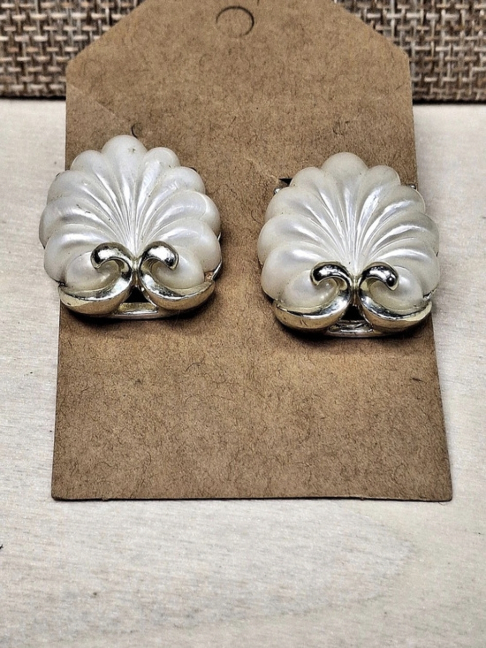 Coro Vintage Shell Clip-On Earrings in White & Silver